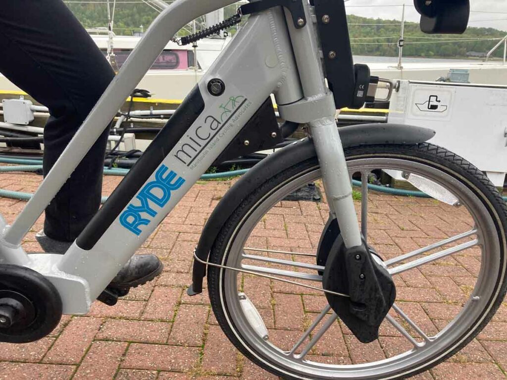 Booking an e-bike is straightforward with the Ryde app 
that can be downloaded onto an iPhone or an Android phone from MICA’s website. Photo by Isobel Harry.