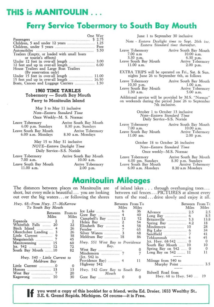 The sailing schedule (left) for the ferries at the time, the SS Norisle, which is currently moored in Manitowaning and her partner vessel the SS Normac. Front cover (right) from the first issue of This is Manitoulin from 1960.